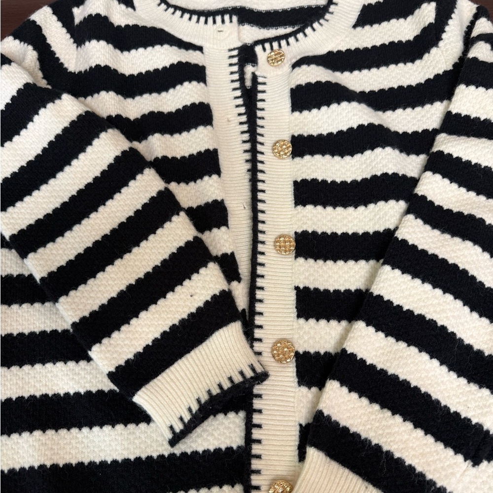 Striped Black and White Sweater with Gold Buttons